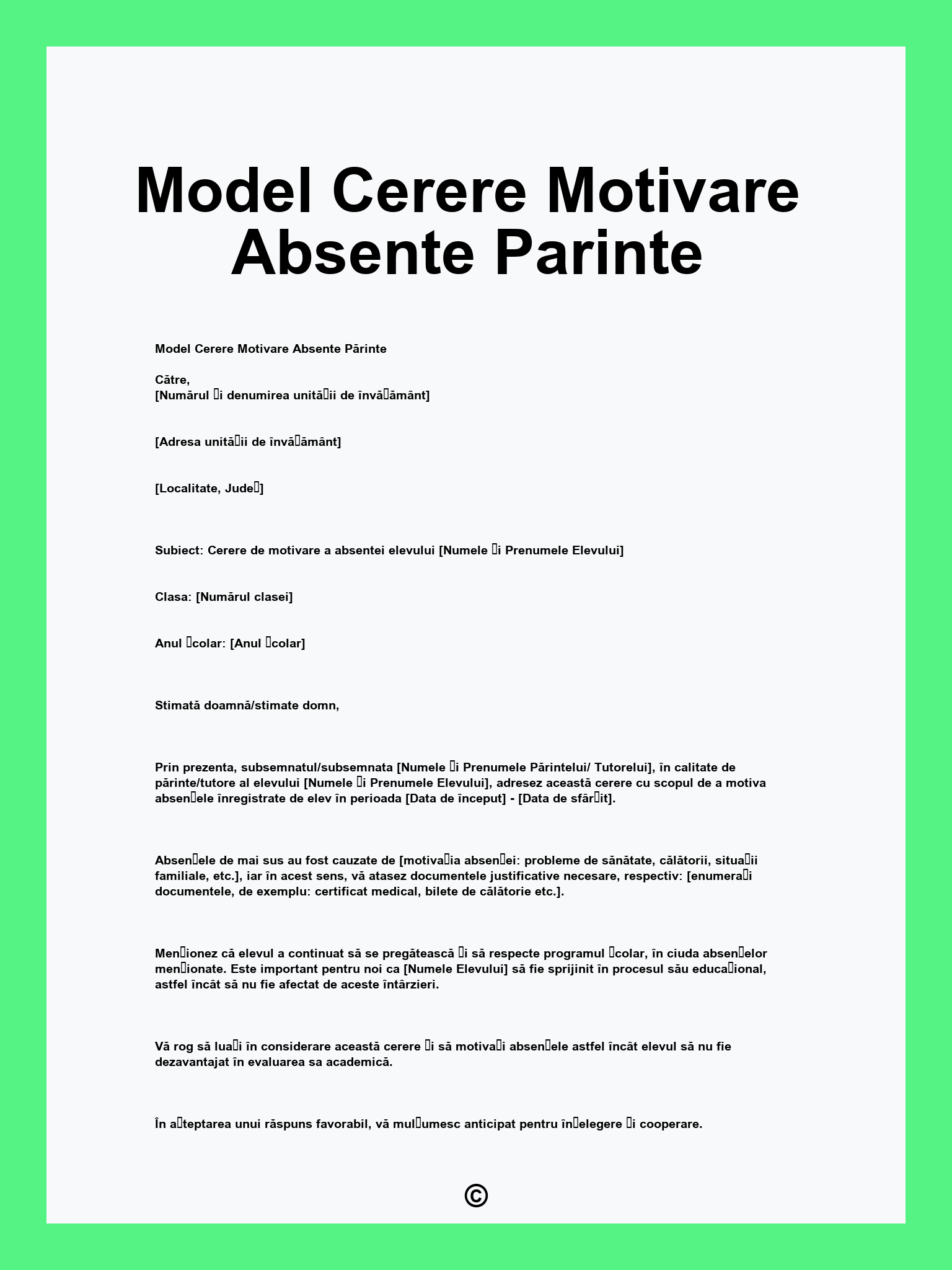 Model Cerere Motivare Absente Parinte