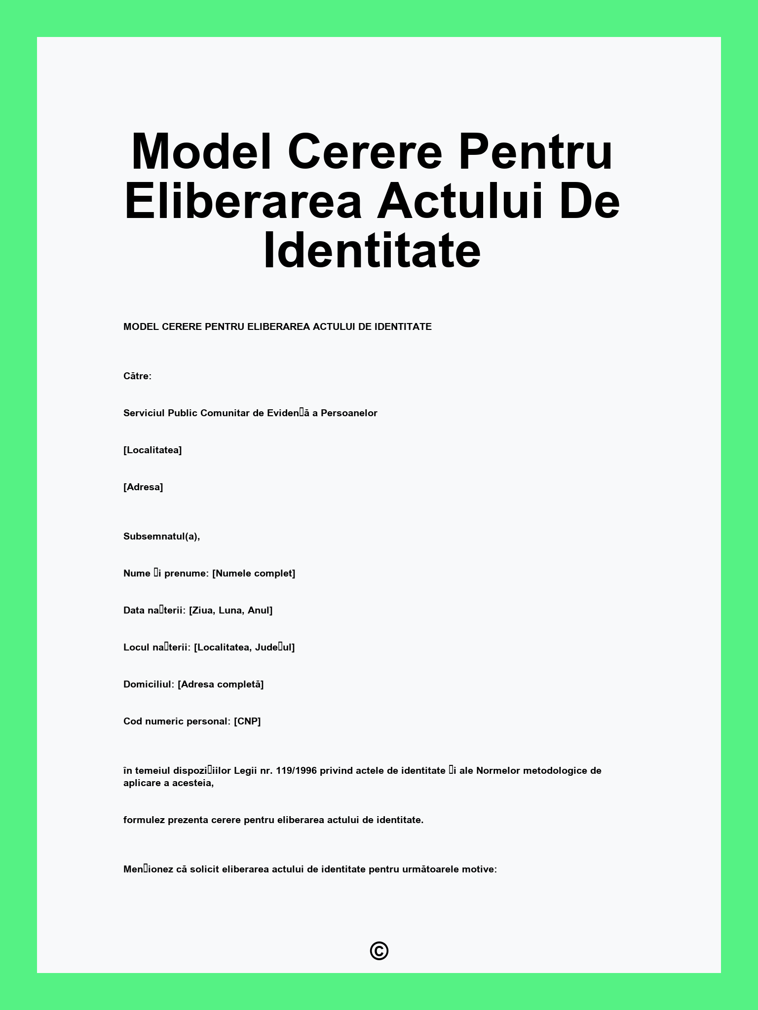 Model Cerere Pentru Eliberarea Actului De Identitate