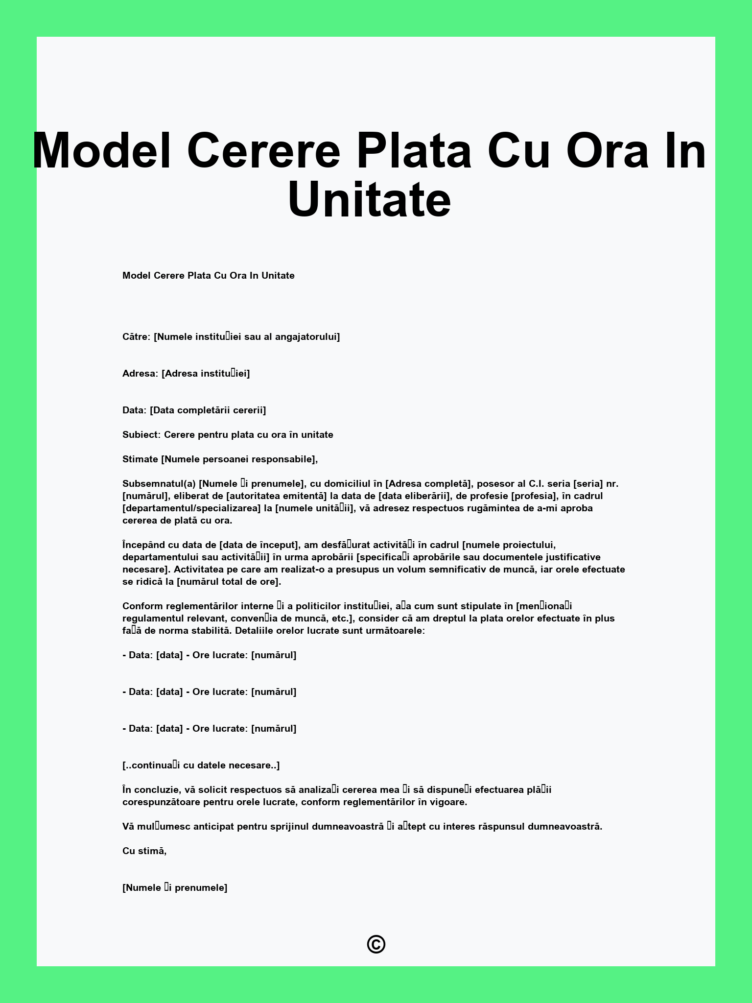 Model Cerere Plata Cu Ora In Unitate